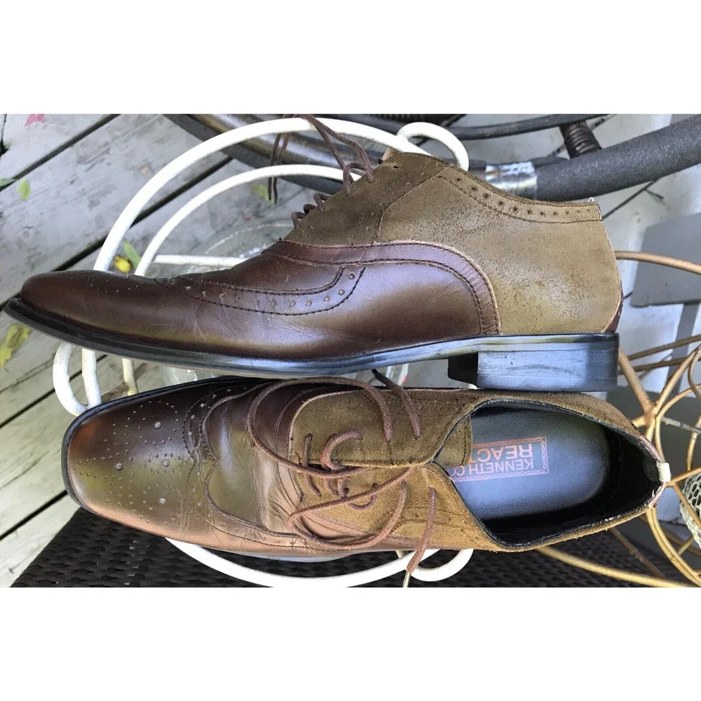 Kenneth Cole REACTION Men Trick Play Wing Tip Oxford brown leather 7.5 Shoes